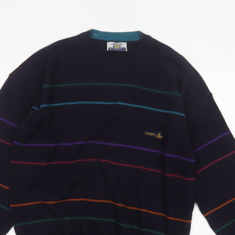 Navigare Men’s Navy Striped Logo Crew Neck Knit Pullover Jumper M