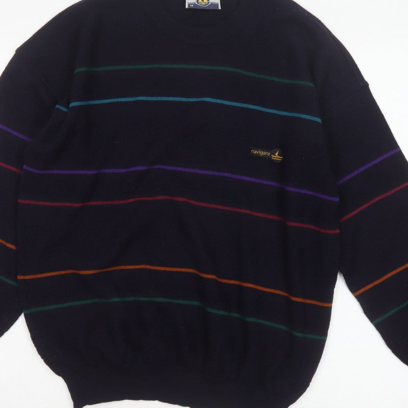 Navigare Men’s Navy Striped Logo Crew Neck Knit Pullover Jumper M
