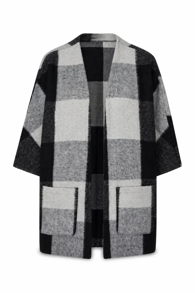 Classics Women’s Grey Black Size 14 Check Open Coatigan Pockets