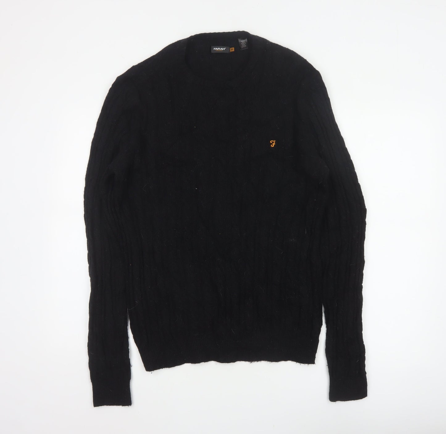 Farah Men’s Black M Cable Knit Wool Blend V-Neck Pullover Jumper