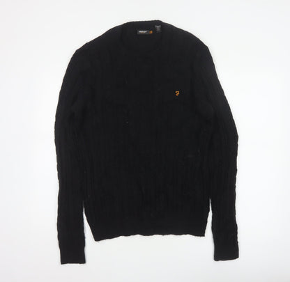 Farah Men’s Black M Cable Knit Wool Blend V-Neck Pullover Jumper