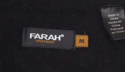 Farah Men’s Black M Cable Knit Wool Blend V-Neck Pullover Jumper