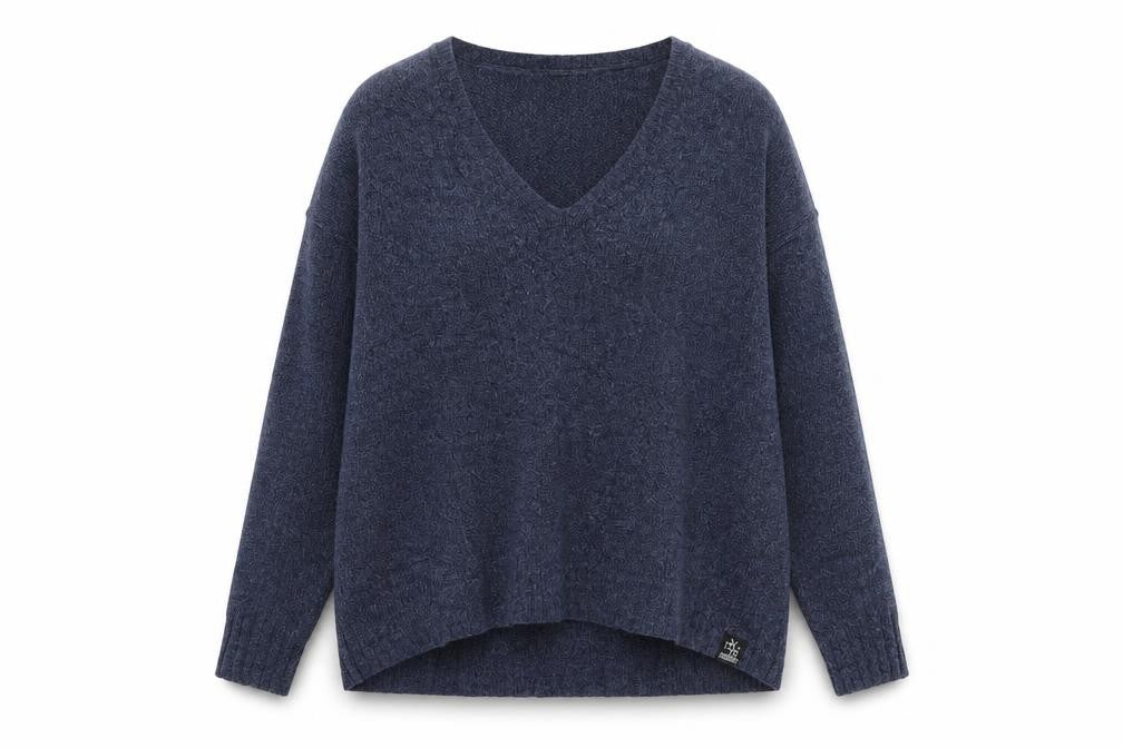 Front view of Superdry unisex blue s v-neck varsity logo knit jumper