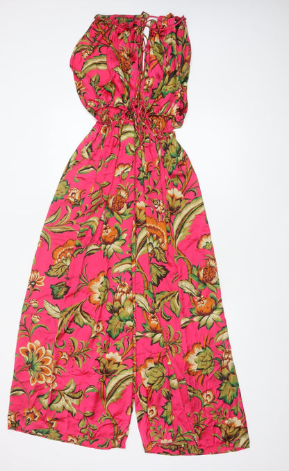 Zara Women Pink Floral Wide-Leg Jumpsuit UK 12 Tropical