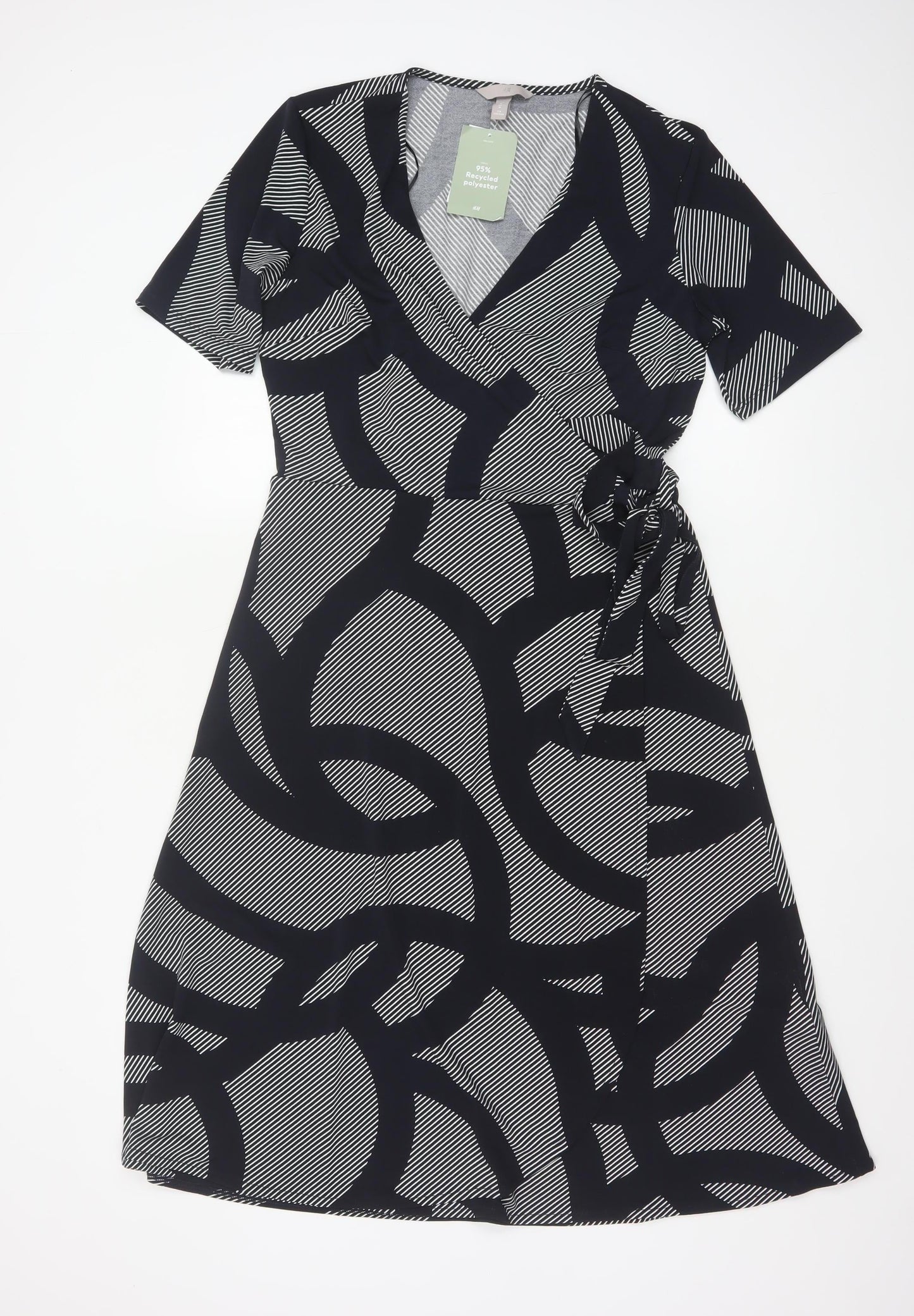 H&M Women Black Geometric Print Wrap Midi Dress Size M Tie Belt