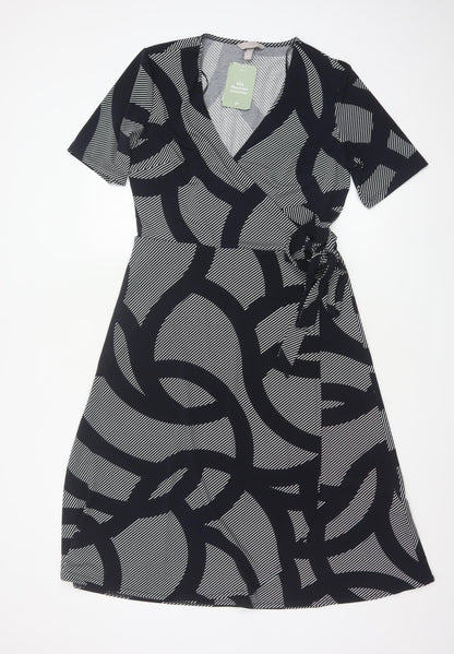 H&M Women Black Geometric Print Wrap Midi Dress Size M Tie Belt