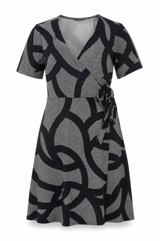H&M Women Black Geometric Print Wrap Midi Dress Size M Tie Belt