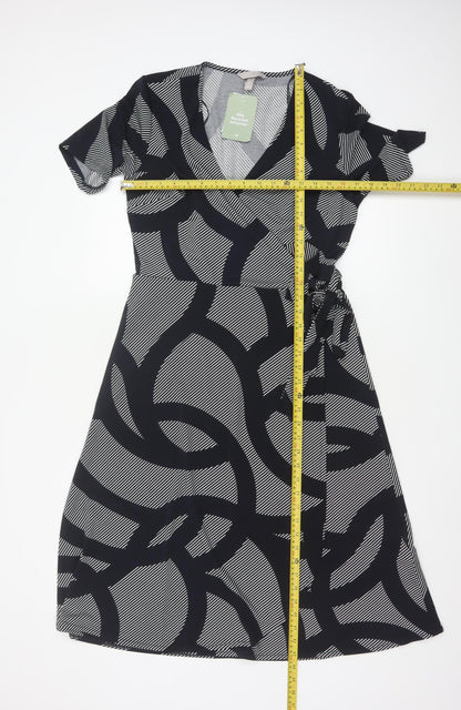 H&M Women Black Geometric Print Wrap Midi Dress Size M Tie Belt