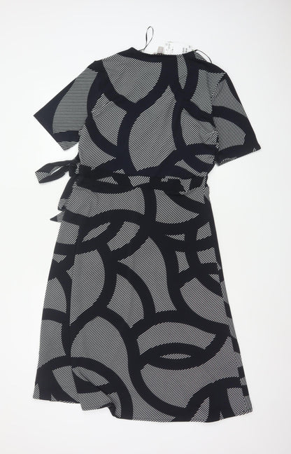 H&M Women Black Geometric Print Wrap Midi Dress Size M Tie Belt