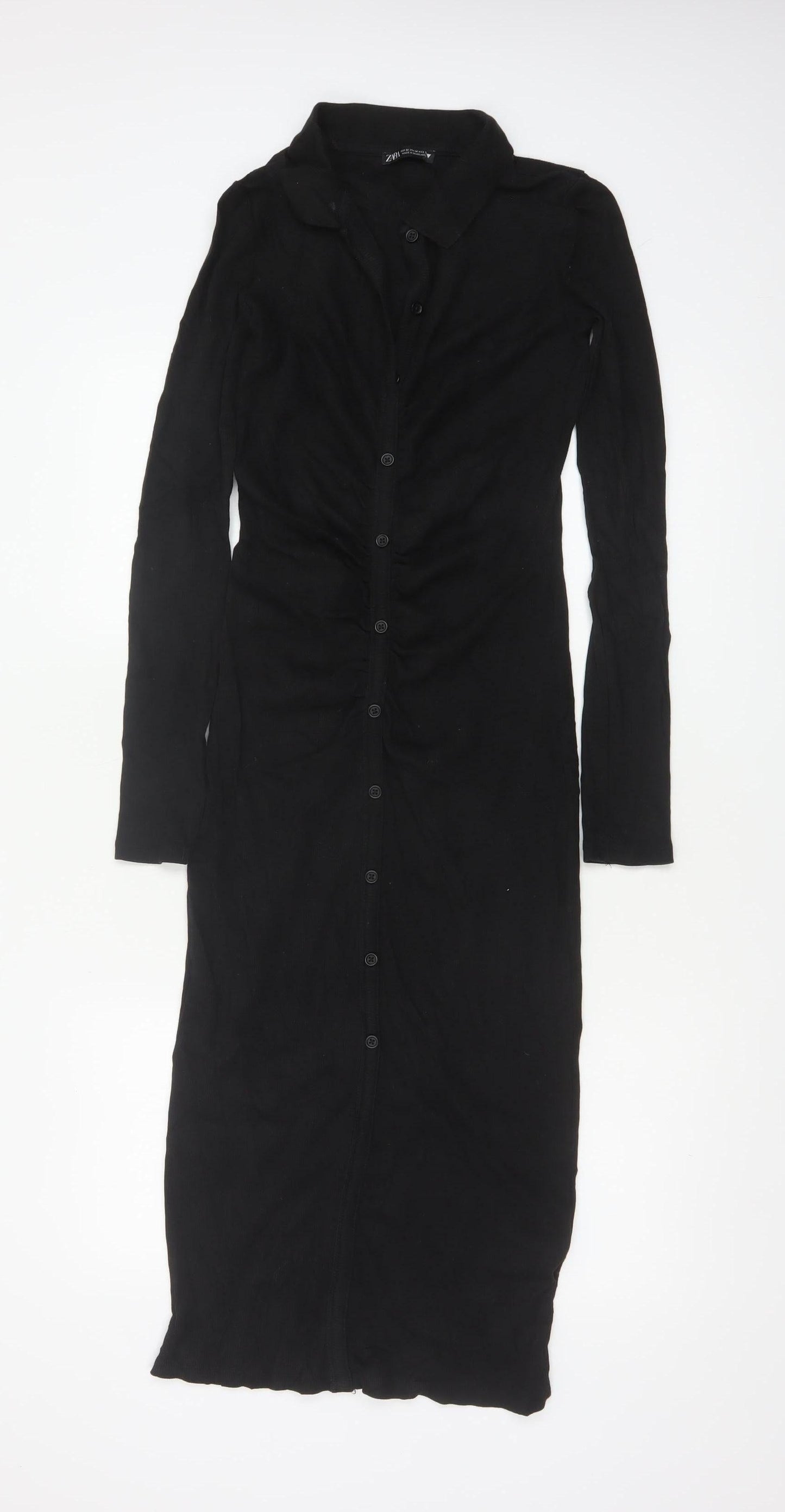 Zara Women Black M Long Shirt Dress Collared Stretch Button Front