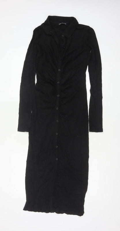 Zara Women Black M Long Shirt Dress Collared Stretch Button Front