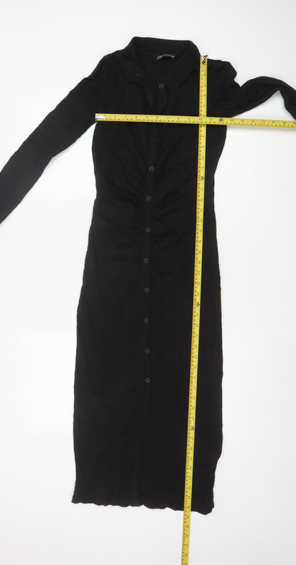 Zara Women Black M Long Shirt Dress Collared Stretch Button Front