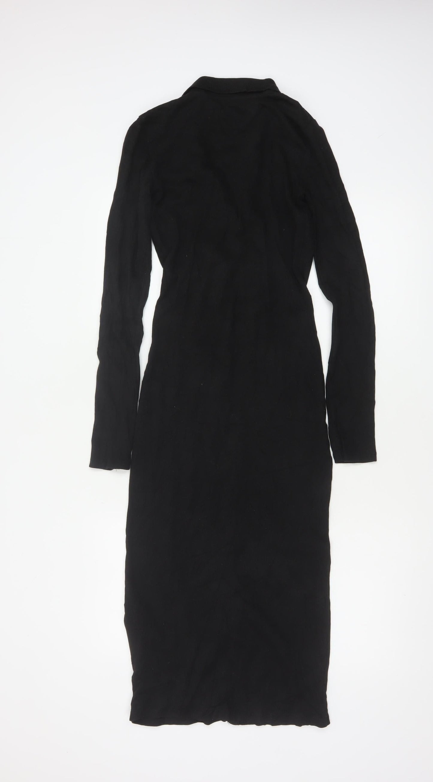 Zara Women Black M Long Shirt Dress Collared Stretch Button Front