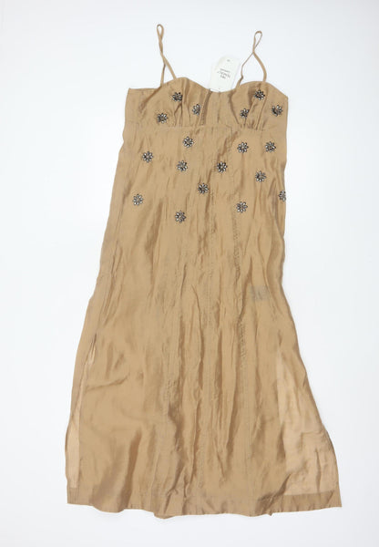 H&M Edition Women Gold UK 8 Long Fit & Flare Beaded Strappy Dress