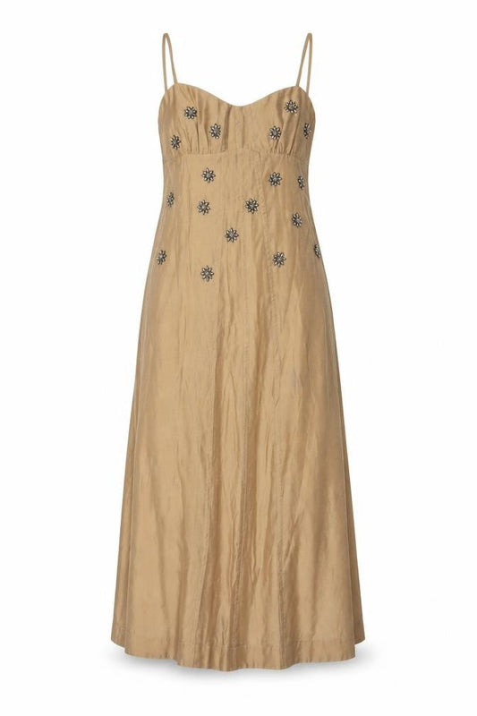 H&M Edition Women Gold UK 8 Long Fit & Flare Beaded Strappy Dress