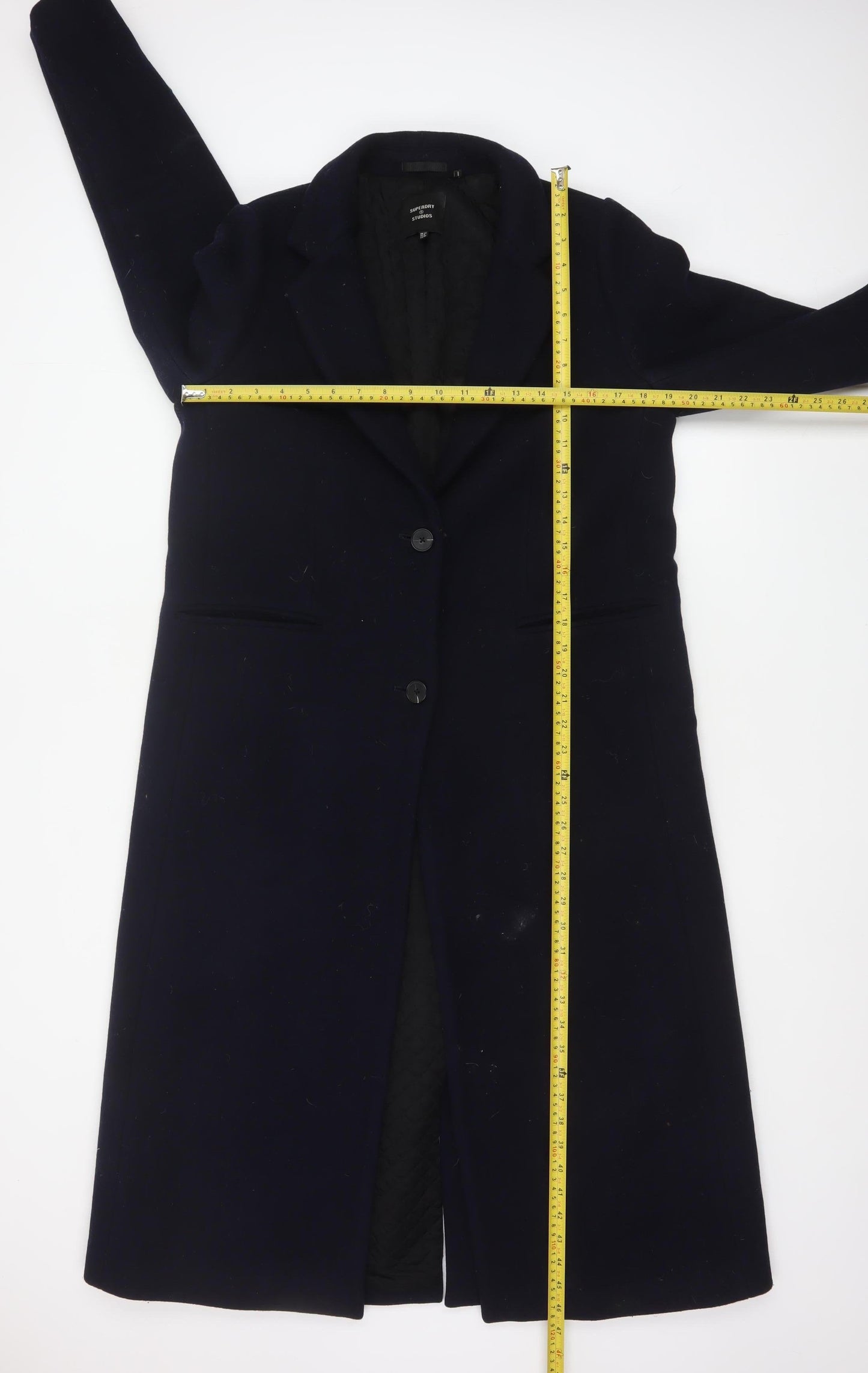 Superdry Studios Women Navy UK 12 Long Wool Blend Overcoat Buttoned