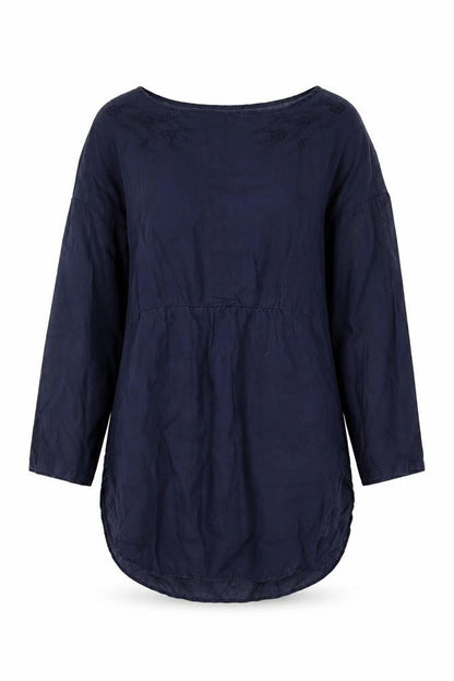 Uniqlo Women Blue XS Linen Embroidered Floral Tunic Blouse