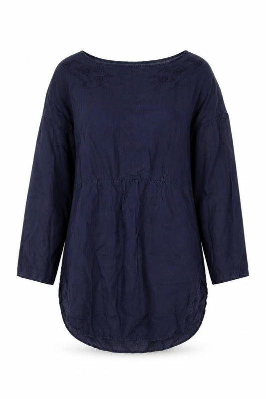Uniqlo Women Blue XS Linen Embroidered Floral Tunic Blouse