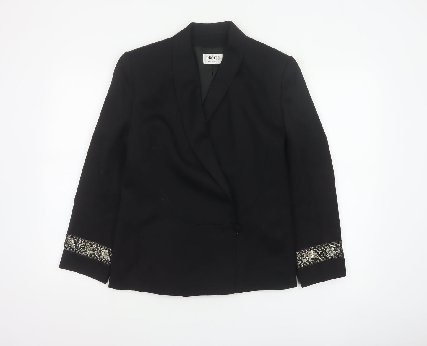 Précis Women Black UK 10 Tuxedo Blazer Wool Gold Floral Cuff Vintage