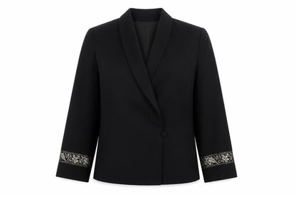 Precis Women Black UK 10 Tuxedo Blazer Wool Gold Floral Cuff Vintage