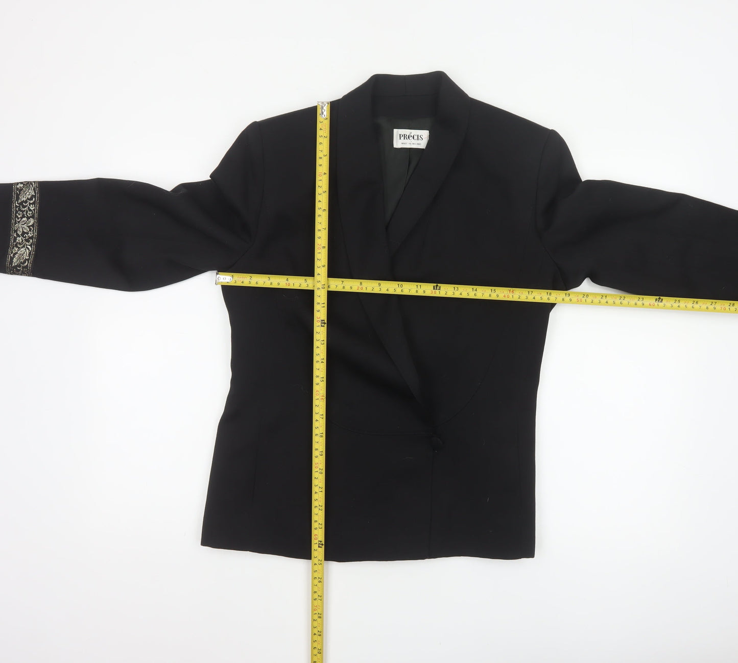 Précis Women Black UK 10 Tuxedo Blazer Wool Gold Floral Cuff Vintage