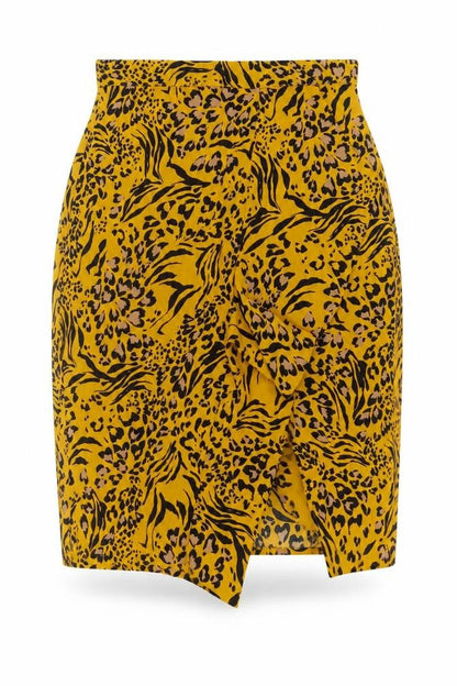 Front view of Dorothy Perkins Women Yellow Animal Print UK 14 High Rise Pencil Skirt