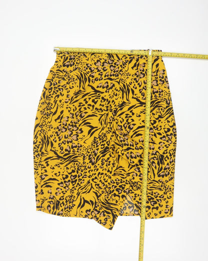 Dorothy Perkins Women Yellow Animal Print UK 14 High Rise Pencil Skirt