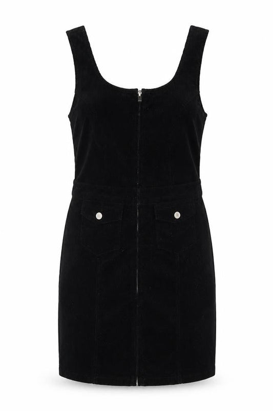 Denim Co Women Black UK 14 Corduroy Pinafore Mini Zip Dress