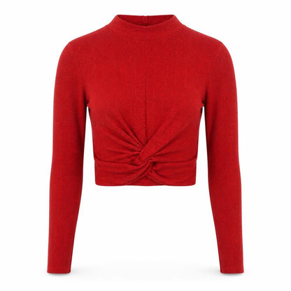 Pull&Bear Women Red S Cropped Twist Front Mock Neck Knit Top