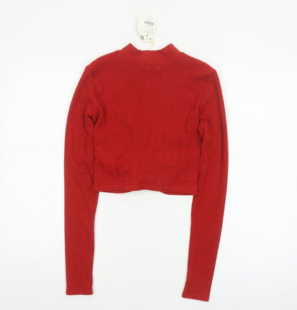 Pull&Bear Women Red S Cropped Twist Front Mock Neck Knit Top