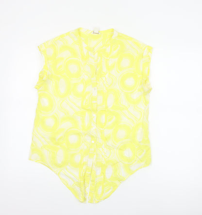 Monsoon Women Yellow UK 12 Geometric Cotton Short Sleeve Button-Up Blouse