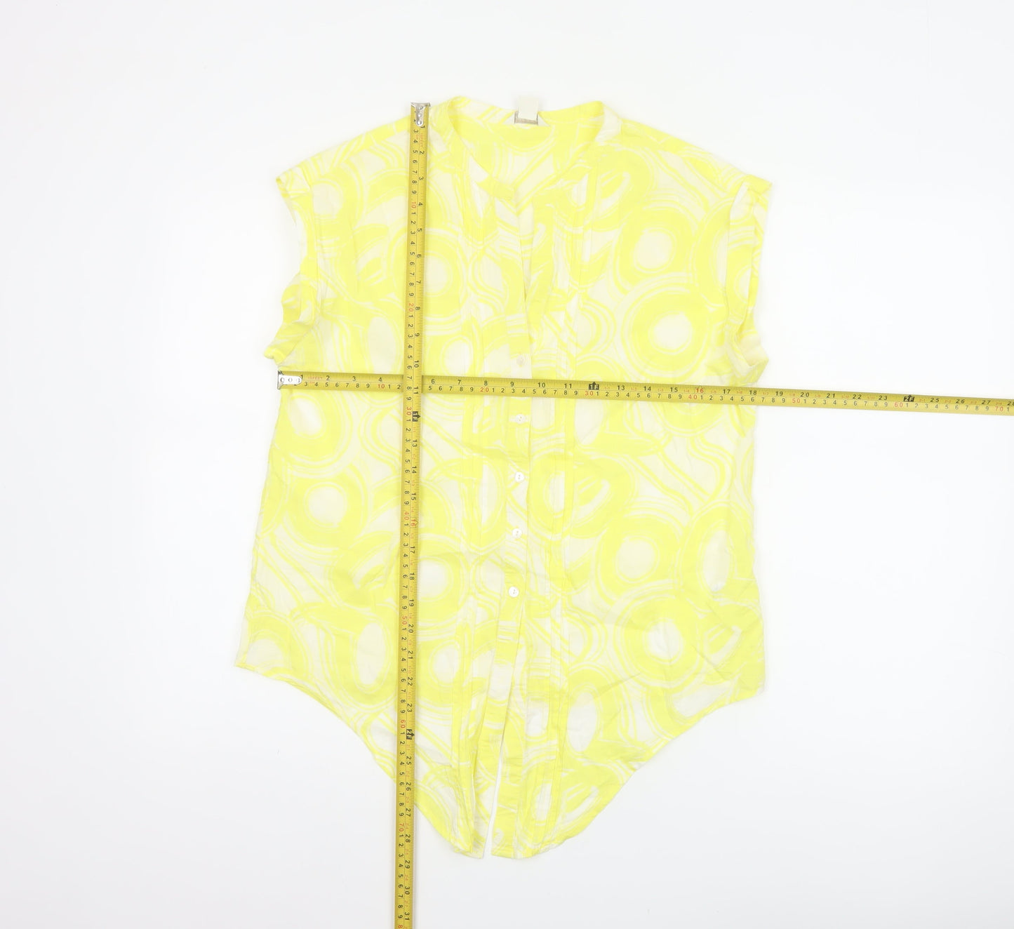 Monsoon Women Yellow UK 12 Geometric Cotton Short Sleeve Button-Up Blouse