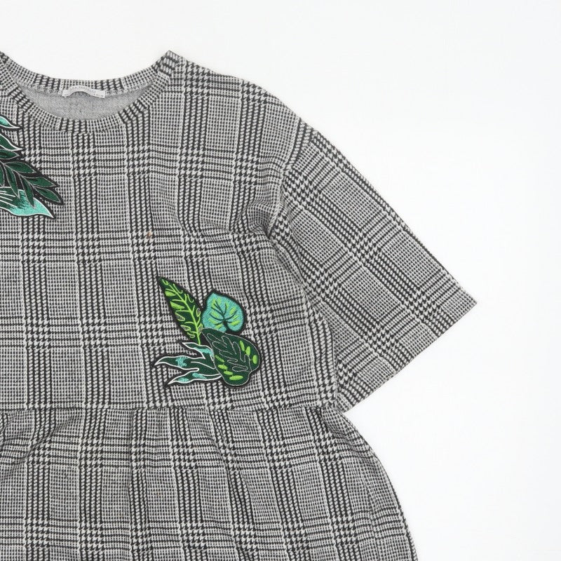 Zara Trafaluc Women Grey Check Embroidered Tunic Blouse Size M