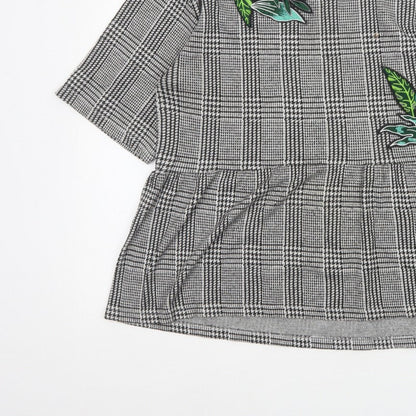 Zara Trafaluc Women Grey Check Embroidered Tunic Blouse Size M
