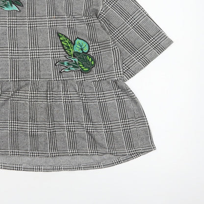 Zara Trafaluc Women Grey Check Embroidered Tunic Blouse Size M