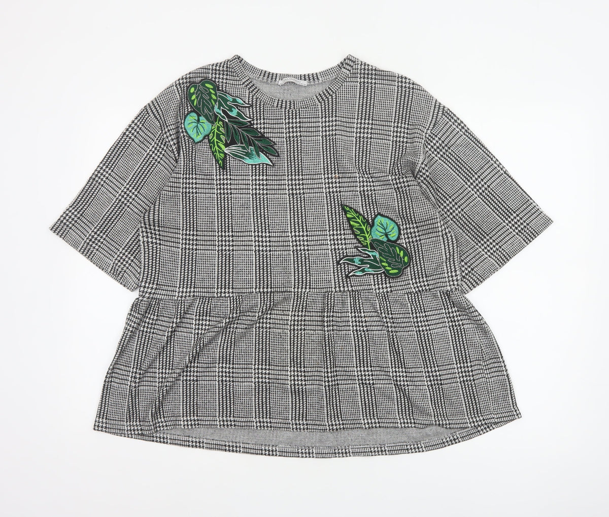 Zara Trafaluc Women Grey Check Embroidered Tunic Blouse Size M