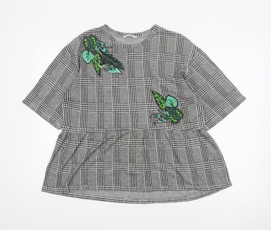 Zara Trafaluc Women Grey Check Embroidered Tunic Blouse Size M