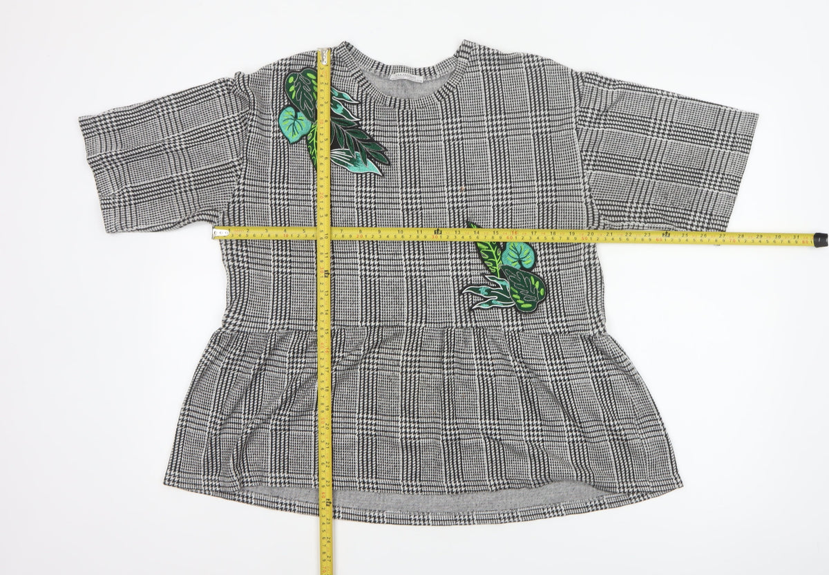 Zara Trafaluc Women Grey Check Embroidered Tunic Blouse Size M