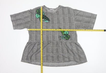 Zara Trafaluc Women Grey Check Embroidered Tunic Blouse Size M