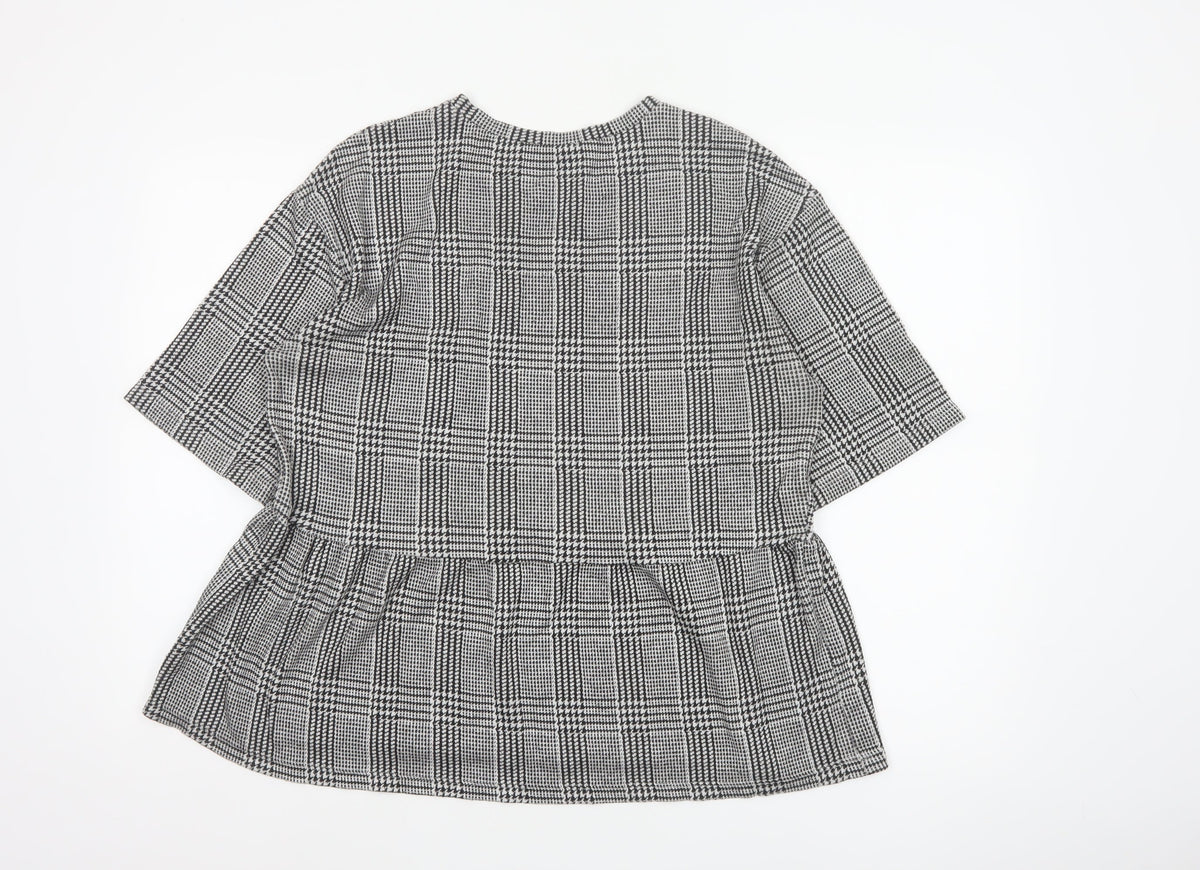 Zara Trafaluc Women Grey Check Embroidered Tunic Blouse Size M