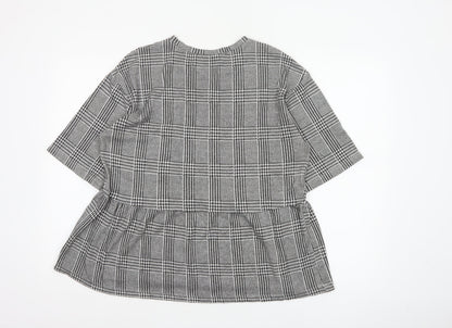 Zara Trafaluc Women Grey Check Embroidered Tunic Blouse Size M