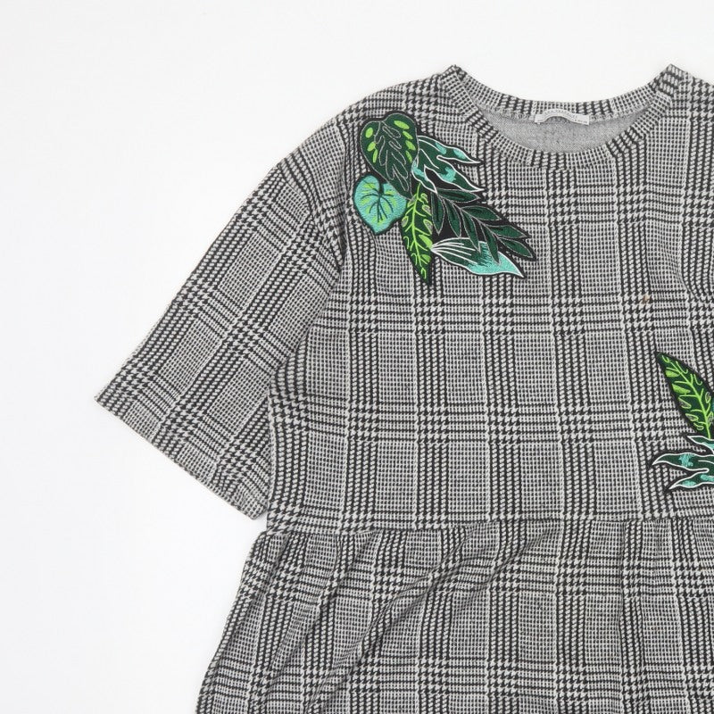 Zara Trafaluc Women Grey Check Embroidered Tunic Blouse Size M