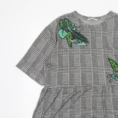 Zara Trafaluc Women Grey Check Embroidered Tunic Blouse Size M