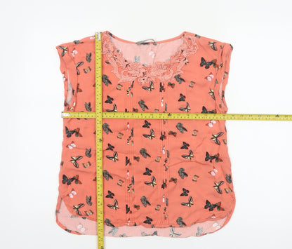 Oasis Women Orange UK 10 Butterfly Print Lace Cap Sleeve Blouse