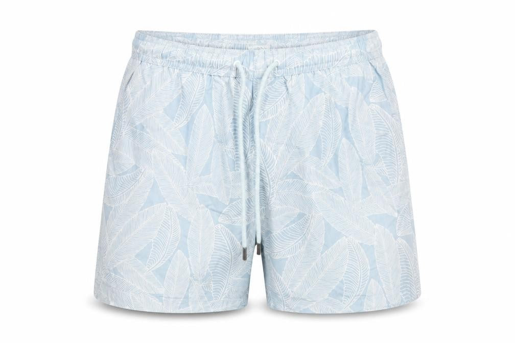 Front view of Next men’s blue leaf print swim shorts, size S, drawstring