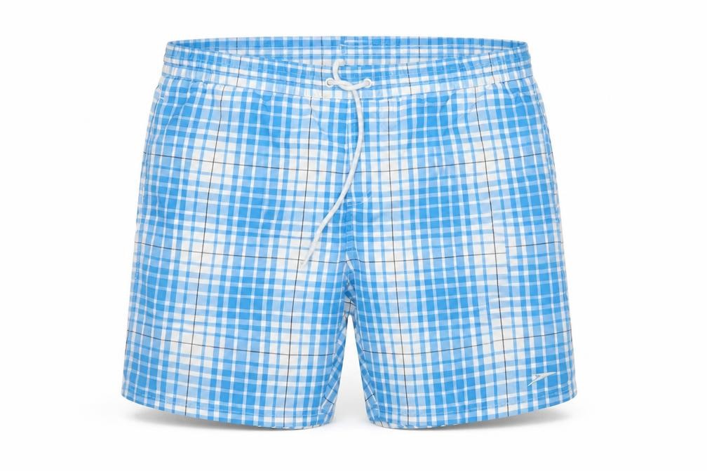 Front view of Speedo Men’s Blue Check Swim Shorts, size S, Drawstring Mesh Lined