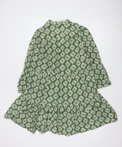 Zara Women Green Geometric Cotton A-Line Short Dress Size M