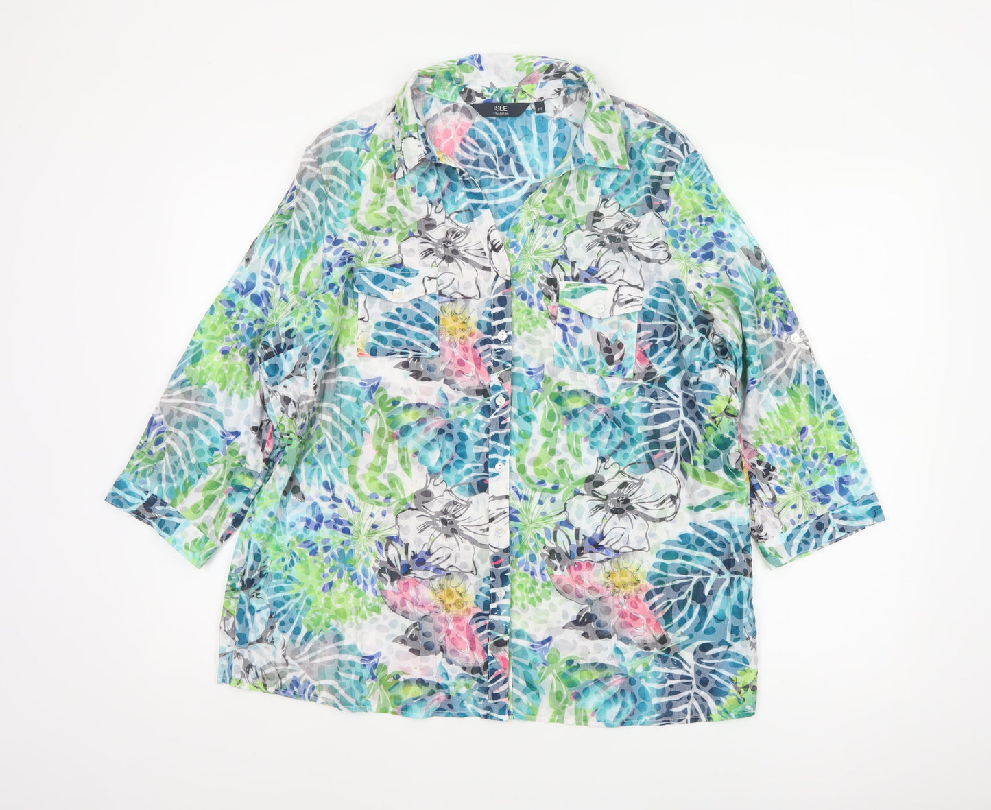 Isle Collection Women Multicoloured UK 16 Floral 3/4 Sleeve Shirt