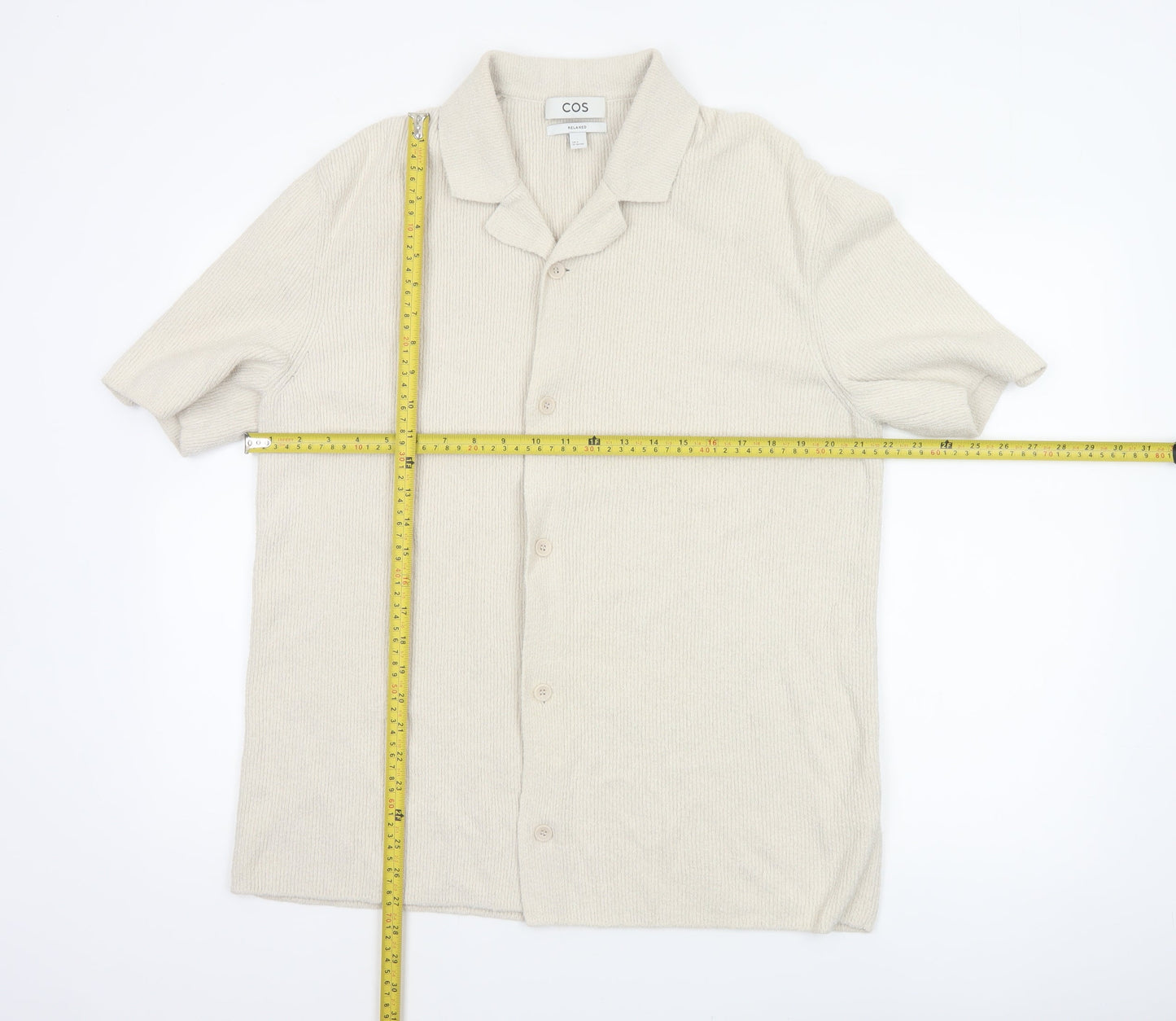 COS Men’s Ivory M Relaxed Cotton Blend Textured Short Sleeve Button-Up Shirt