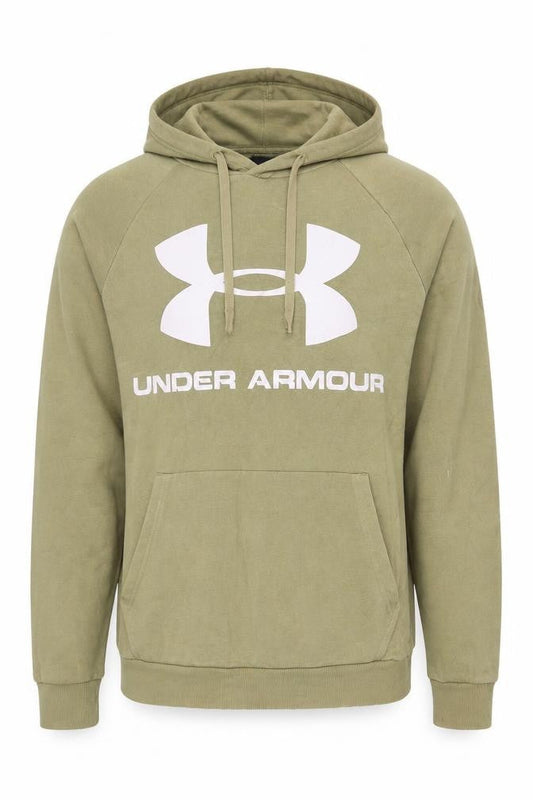 Front view of Under Armour Men’s Beige M Pullover Hoodie Logo Fleece